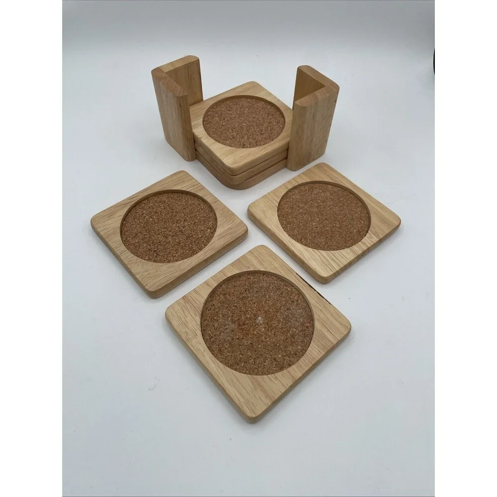 Set Of 5 MCM Vintage Light Wood Drink Coaster Set with Holder CORK TAIWAN